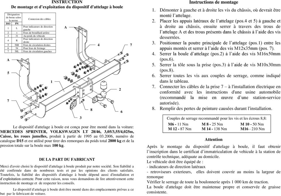 d'attelage à boule est conçu pour être monté dans la voiture:, VOLKSWGEN LT 28/46, 3,05/3,55/4,025m, Caisse, les roues jumelles, produit à partir de 1995 au 03.