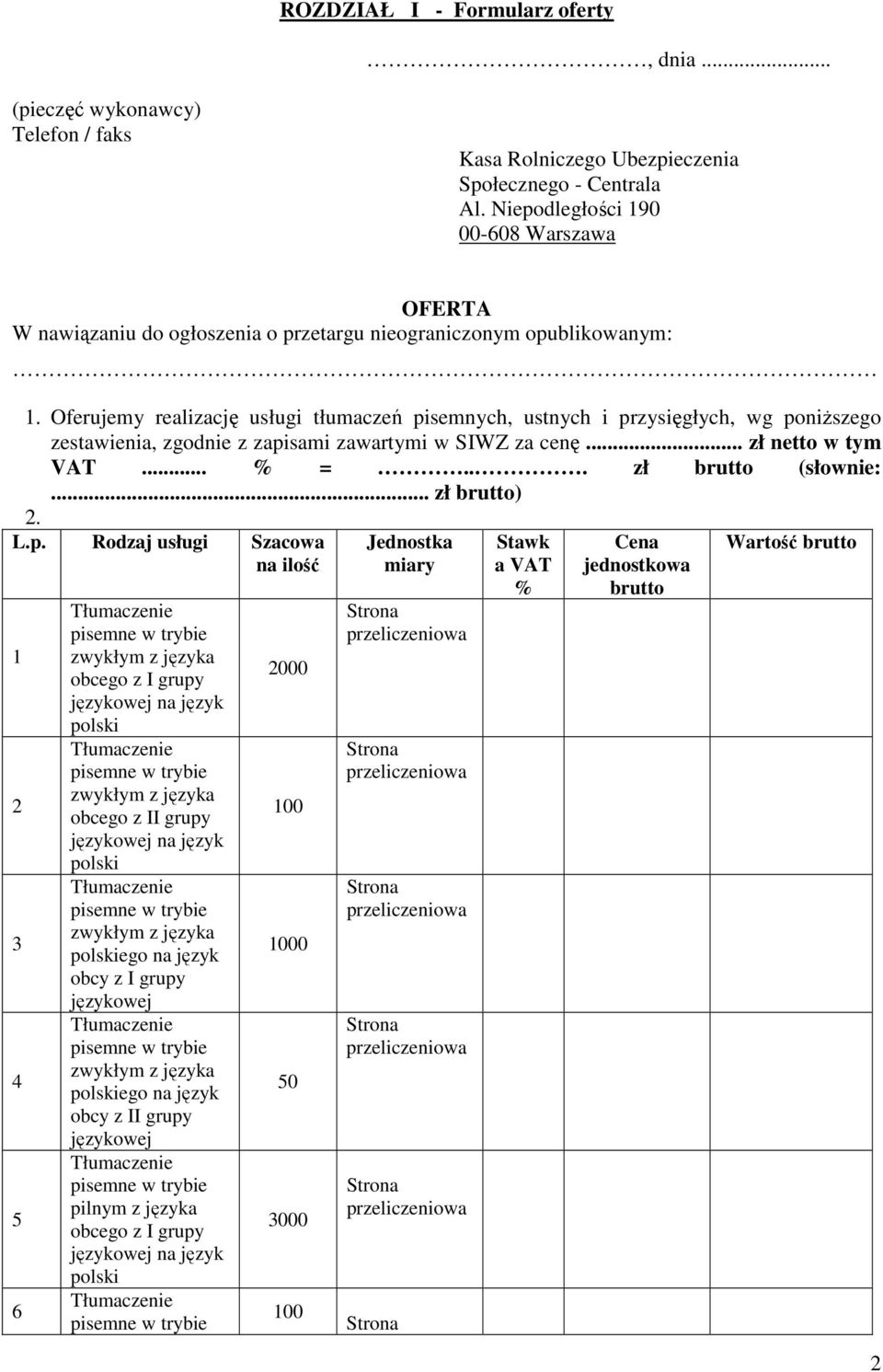 Oferujemy realizację usługi tłumaczeń pisemnych, ustnych i przysięgłych, wg poniższego zestawienia, zgodnie z zapisami zawartymi w SIWZ za cenę... zł netto w tym VAT... % =... zł brutto (słownie:.