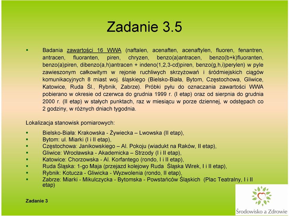 śląskiego (Bielsko-Biała, Bytom, Częstochowa, Gliwice, Katowice, Ruda Śl., Rybnik, Zabrze). Próbki pyłu do oznaczania zawartości WWA pobierano w okresie od czerwca do grudnia 1999 r.