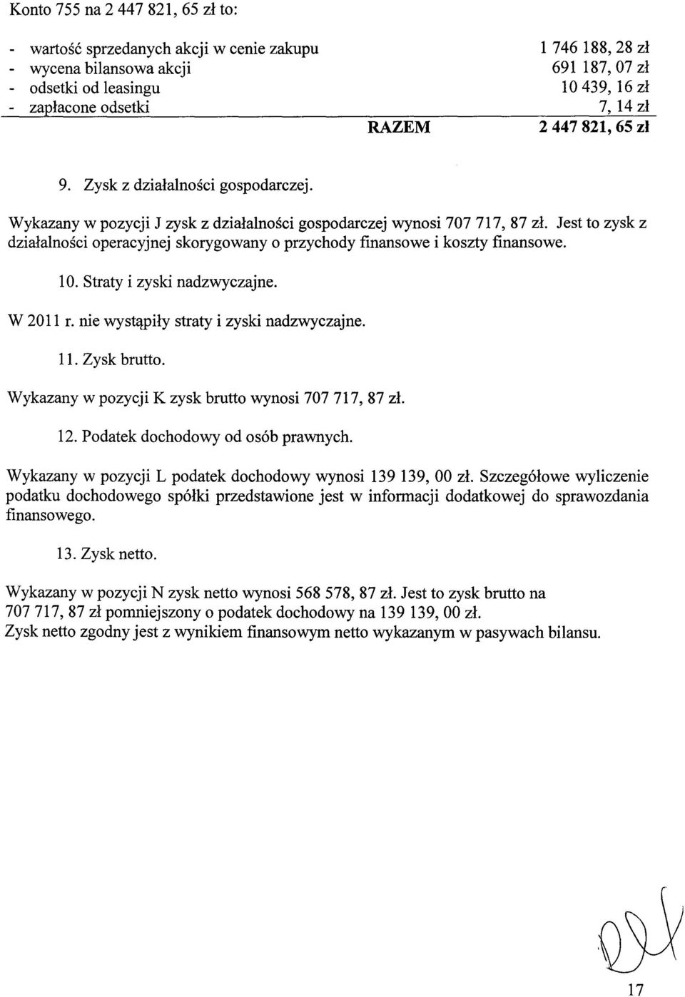 Jest to zysk z działalności operacyjnej skorygowany o przychody finansowe i koszty finansowe. 10. Straty i zyski nadzwyczajne. W 2011 r. nie wystąpiły straty i zyski nadzwyczajne. 11. Zysk brutto.