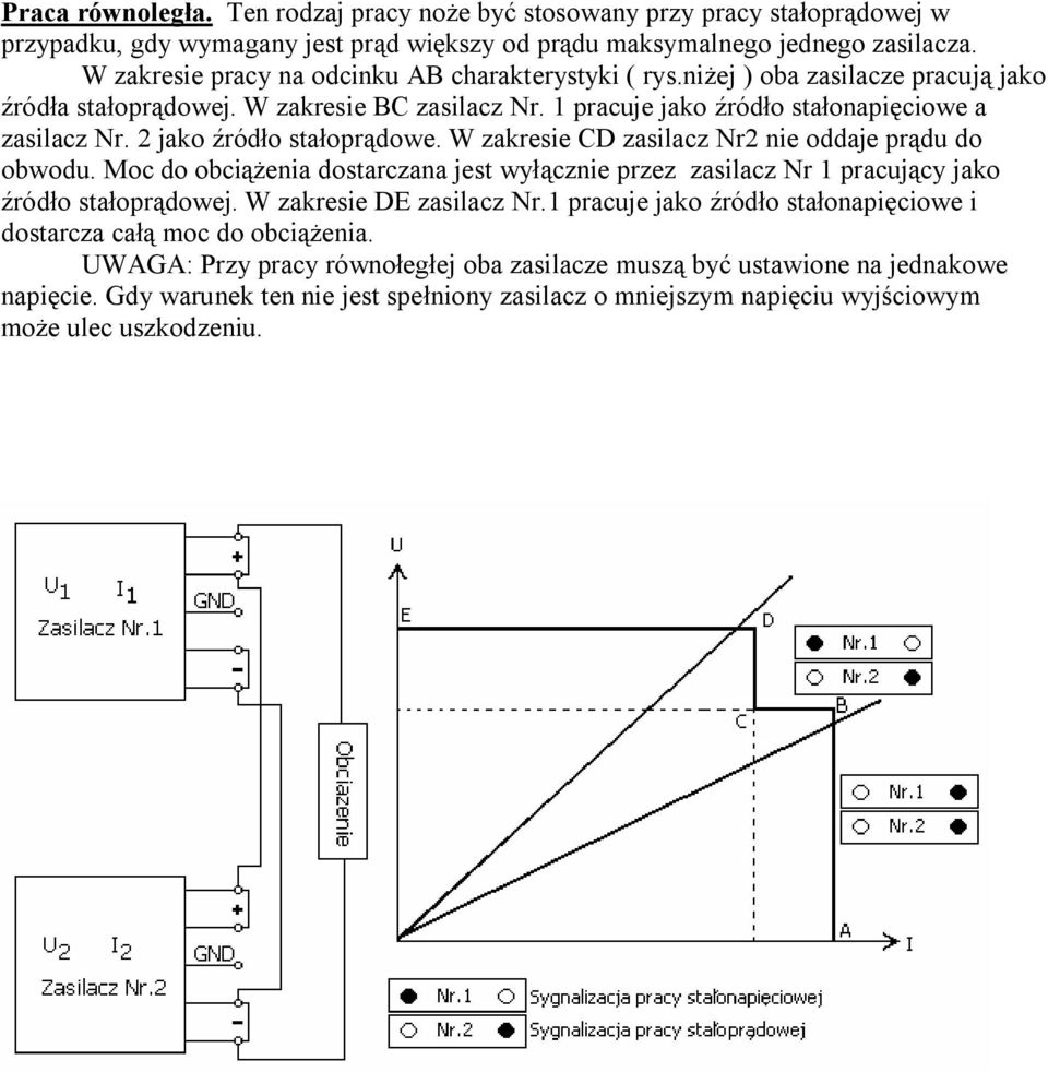 2 jako źródło stałoprądowe. W zakresie CD zasilacz Nr2 nie oddaje prądu do obwodu. Moc do obciążenia dostarczana jest wyłącznie przez zasilacz Nr 1 pracujący jako źródło stałoprądowej.