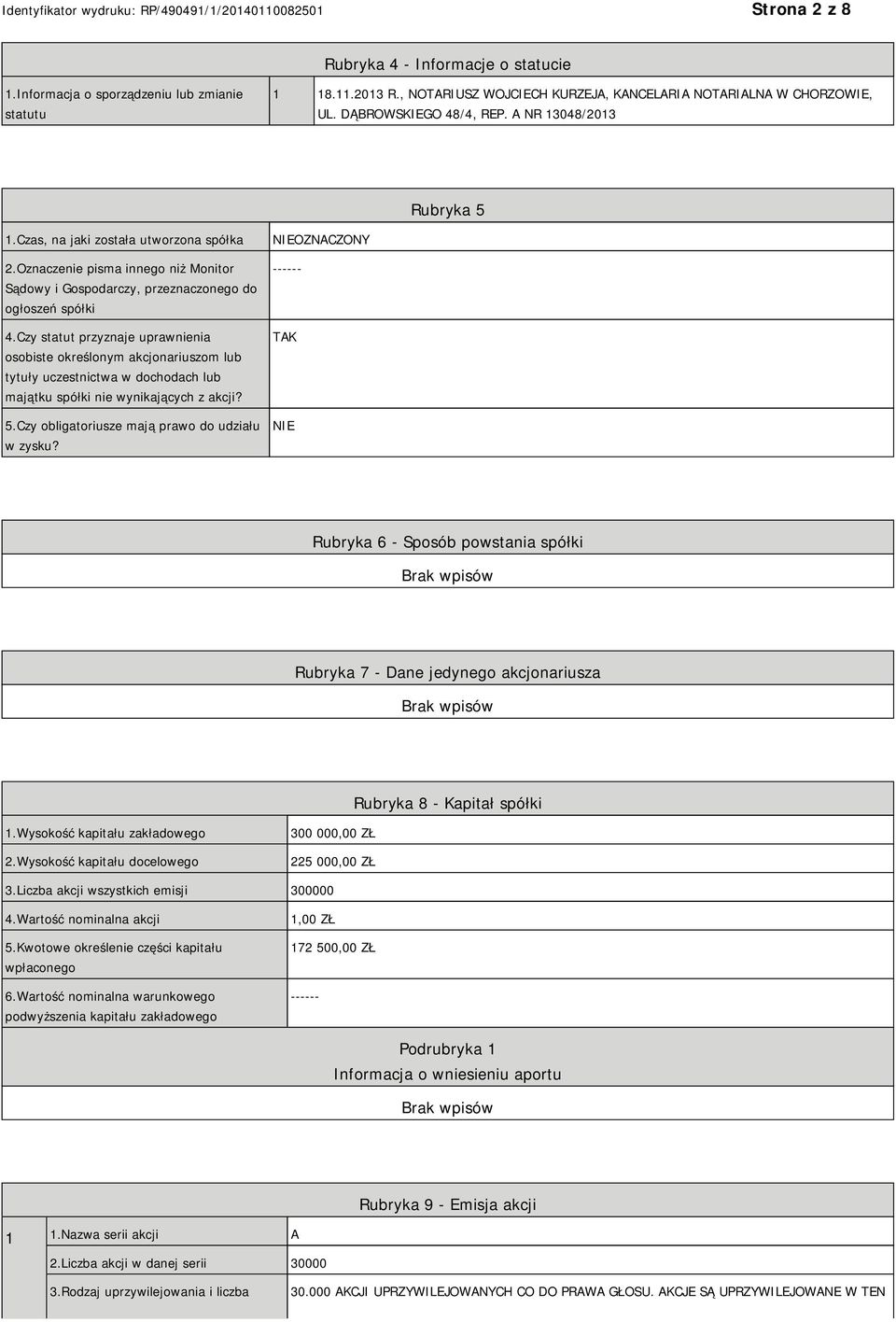 Czy statut przyznaje uprawnienia osobiste określonym akcjonariuszom lub tytuły uczestnictwa w dochodach lub majątku spółki nie wynikających z akcji? 5.Czy obligatoriusze mają prawo do udziału w zysku?