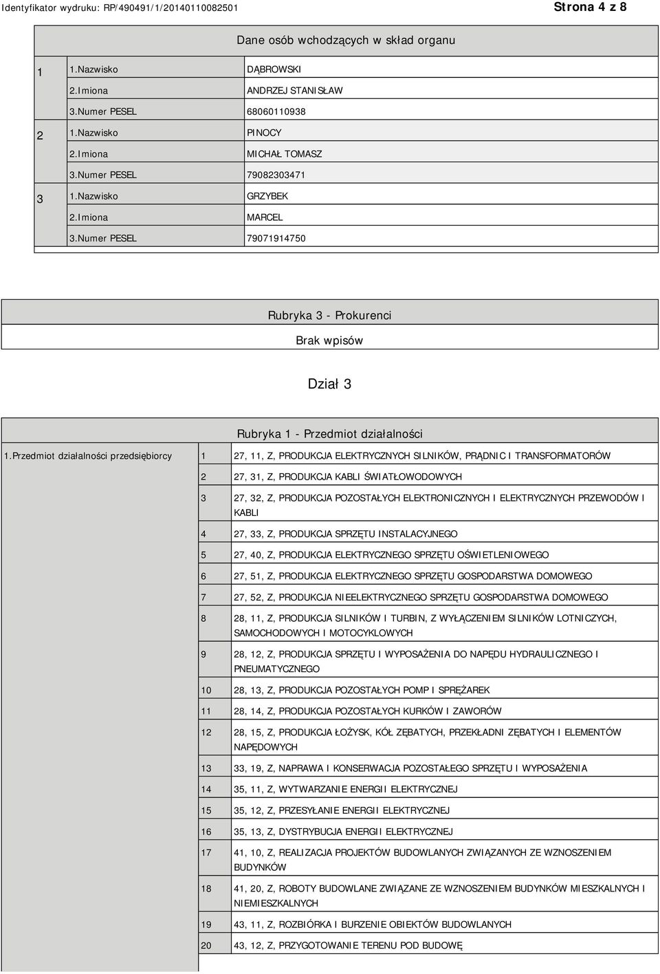 Przedmiot działalności przedsiębiorcy 1 27, 11, Z, PRODUKCJA ELEKTRYCZNYCH SILNIKÓW, PRĄDNIC I TRANSFORMATORÓW 2 27, 31, Z, PRODUKCJA KABLI ŚWIATŁOWODOWYCH 3 27, 32, Z, PRODUKCJA POZOSTAŁYCH