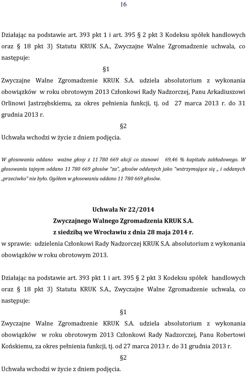 udziela absolutorium z wykonania obowiązków w roku obrotowym 2013 Członkowi Rady Nadzorczej, Panu Arkadiuszowi Orlinowi Jastrzębskiemu, za okres pełnienia funkcji, tj. od 27 marca 2013 r.