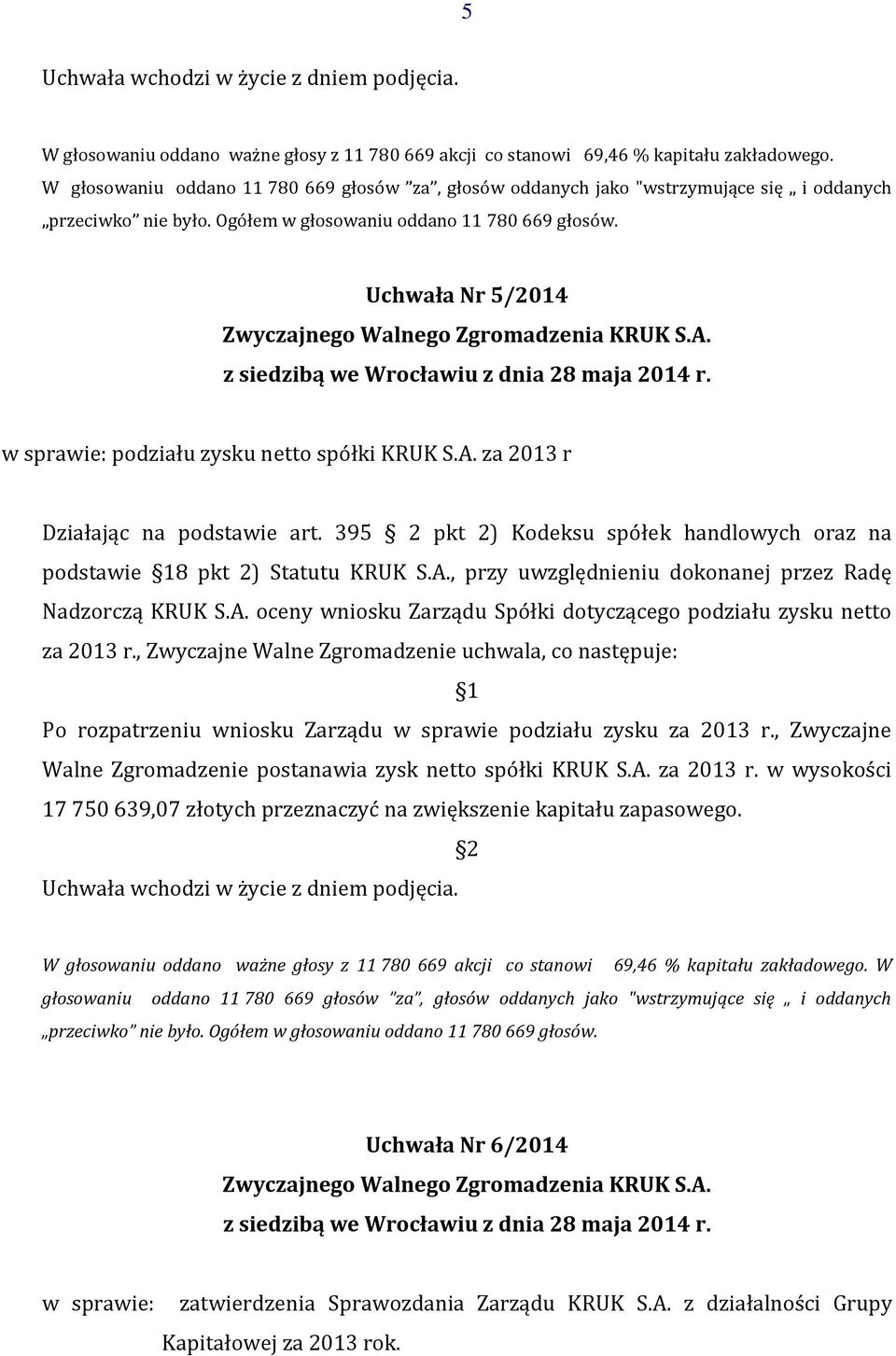 Uchwała Nr 5/2014 w sprawie: podziału zysku netto spółki KRUK S.A. za 2013 r Działając na podstawie art. 395 2 pkt 2) Kodeksu spółek handlowych oraz na podstawie 18 pkt 2) Statutu KRUK S.A., przy uwzględnieniu dokonanej przez Radę Nadzorczą KRUK S.