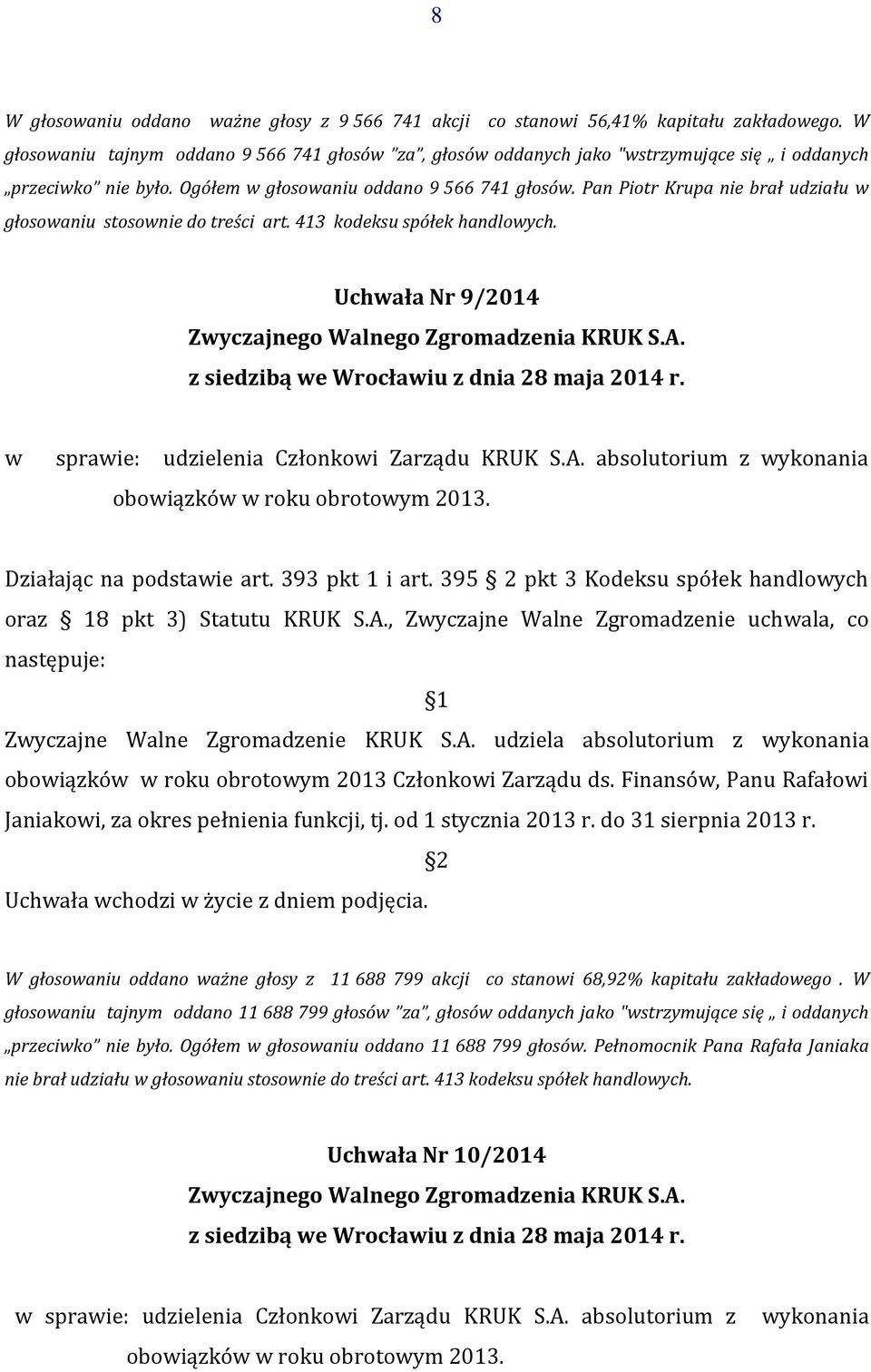 Pan Piotr Krupa nie brał udziału w głosowaniu stosownie do treści art. 413 kodeksu spółek handlowych. Uchwała Nr 9/2014 w sprawie: udzielenia Członkowi Zarządu KRUK S.A.