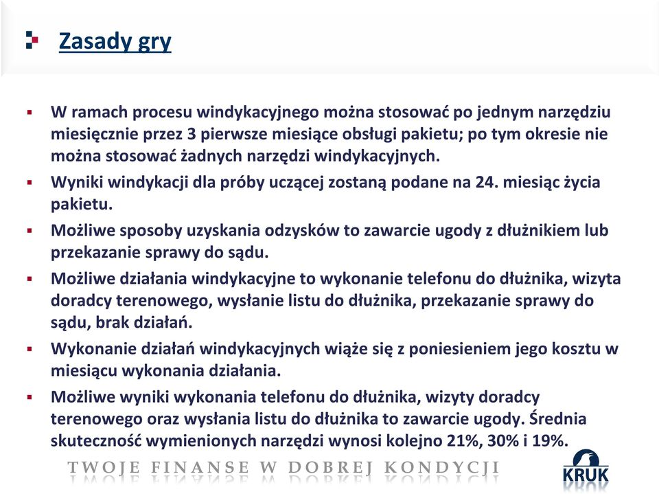 Możliwe działania windykacyjne to wykonanie telefonu do dłużnika, wizyta doradcy terenowego, wysłanie listu do dłużnika, przekazanie sprawy do sądu, brak działań.