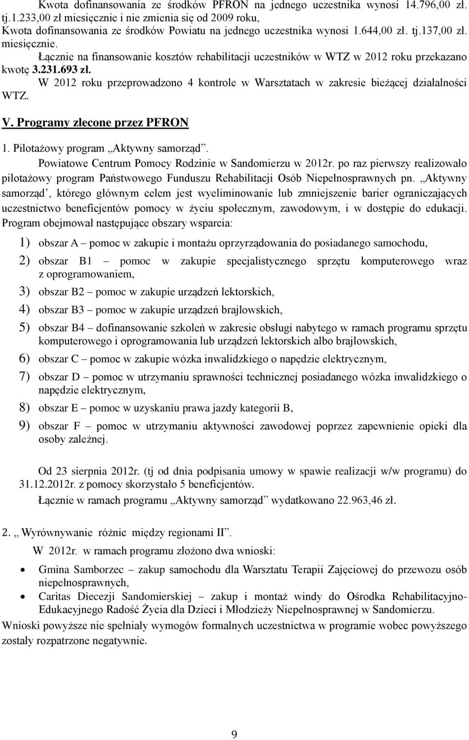 W 2012 roku przeprowadzono 4 kontrole w Warsztatach w zakresie bieżącej działalności WTZ. V. Programy zlecone przez PFRON 1. Pilotażowy program Aktywny samorząd.