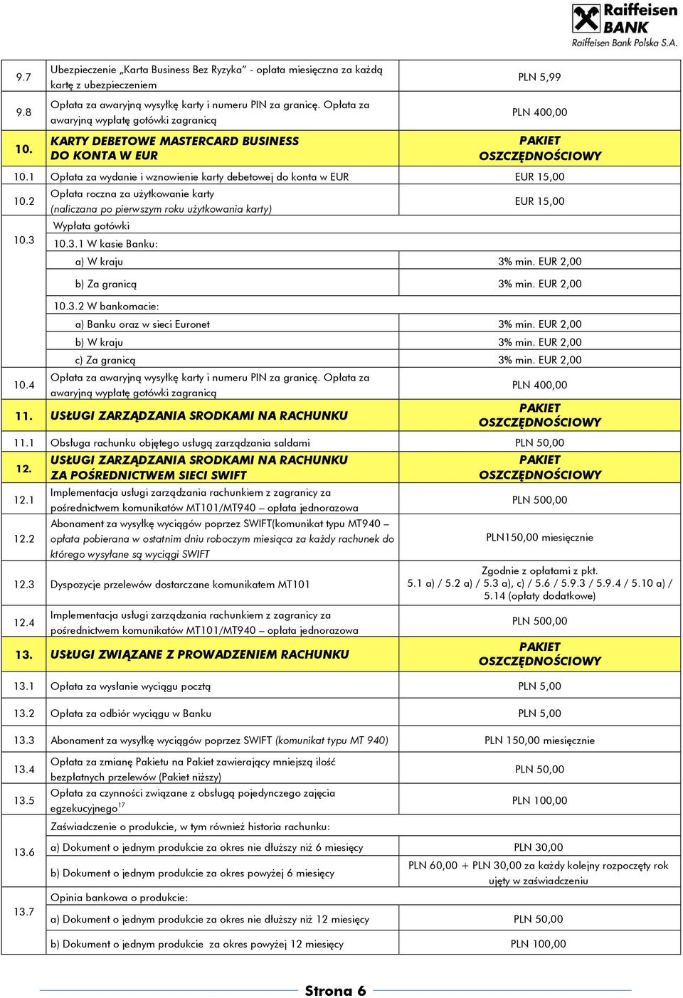 3 10.4 Opłata roczna za użytkowanie karty (naliczana po pierwszym roku użytkowania karty) Wypłata gotówki 10.3.1 W kasie Banku: EUR 15,00 a) W kraju 3% min. EUR 2,00 b) Za granicą 3% min. EUR 2,00 10.