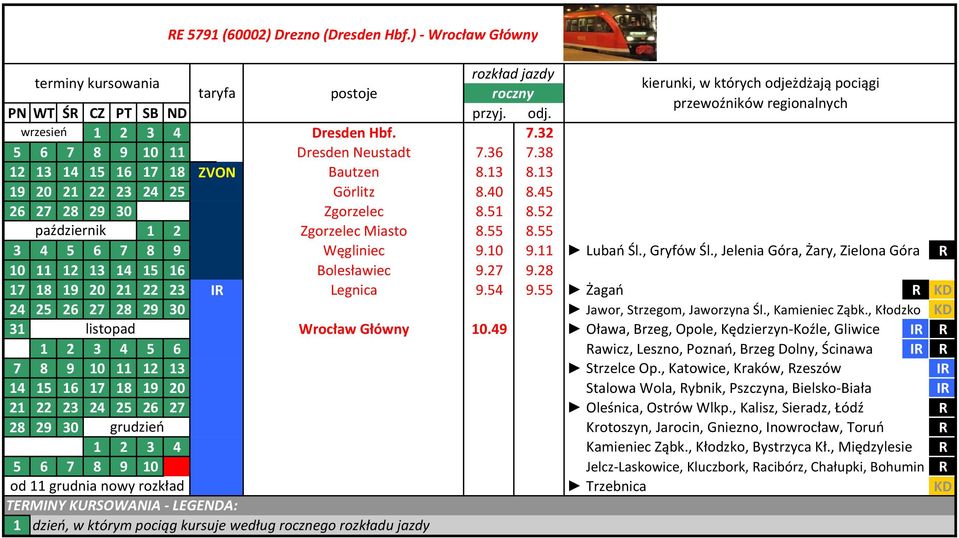 , Jelenia Góra, Żary, Zielona Góra 0 2 3 4 5 6 Bolesławiec 9.27 9.28 7 8 9 20 2 22 23 I Legnica 9.54 9.55 Żagań KD 24 25 26 27 28 29 30 Jawor, Strzegom, Jaworzyna Śl., Kamieniec Ząbk.