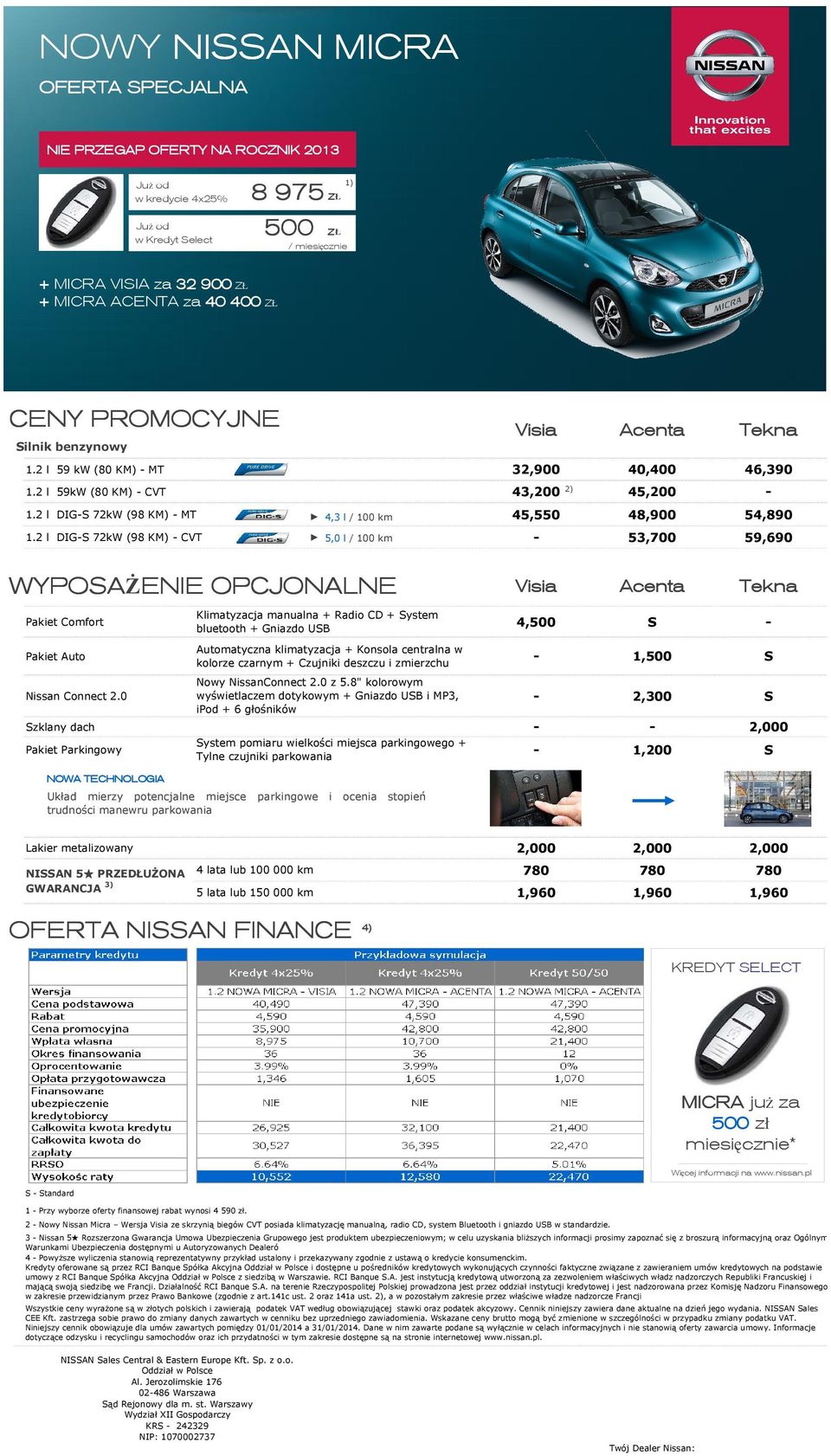 2 DIG 72kW (98 KM) CVT 5,0 / 100 km 53,700 59,690 4,500 WYPOAŻENIE WYPOA ENIE OPCJONALNE Pakiet Comfort Kimatyzacja manuana Radio CD ystem buetooth Gniazdo UB Pakiet Auto Automatyczna kimatyzacja