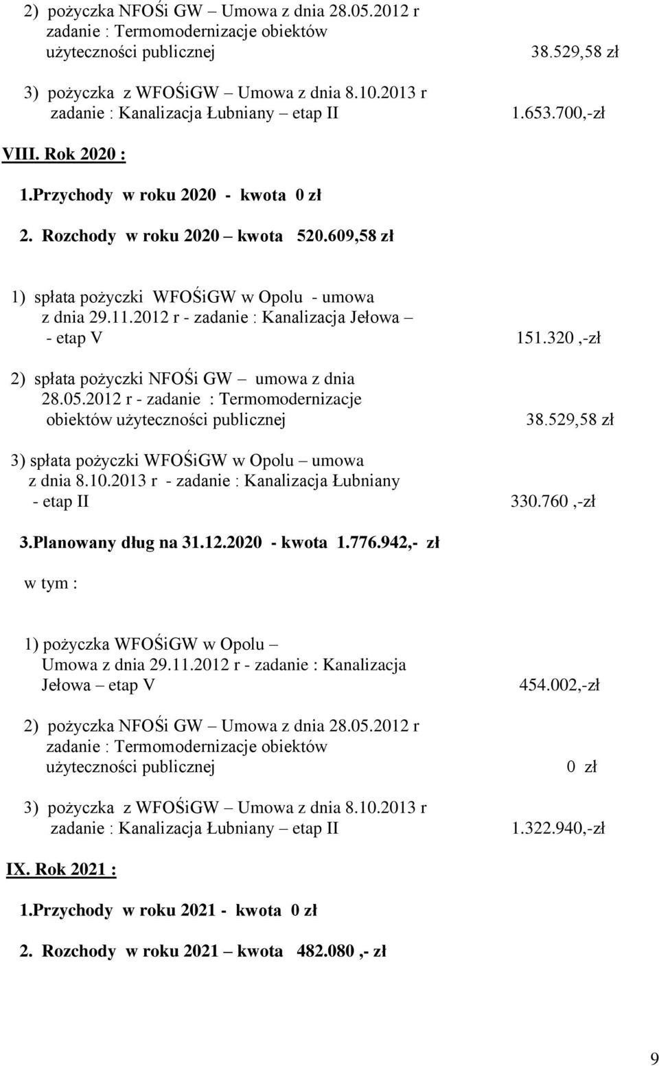 609,58 zł 1) spłata pożyczki WFOŚiGW w Opolu - umowa 2) spłata pożyczki NFOŚi GW umowa z dnia obiektów 38.529,58 zł 3) spłata pożyczki WFOŚiGW w Opolu umowa 3.