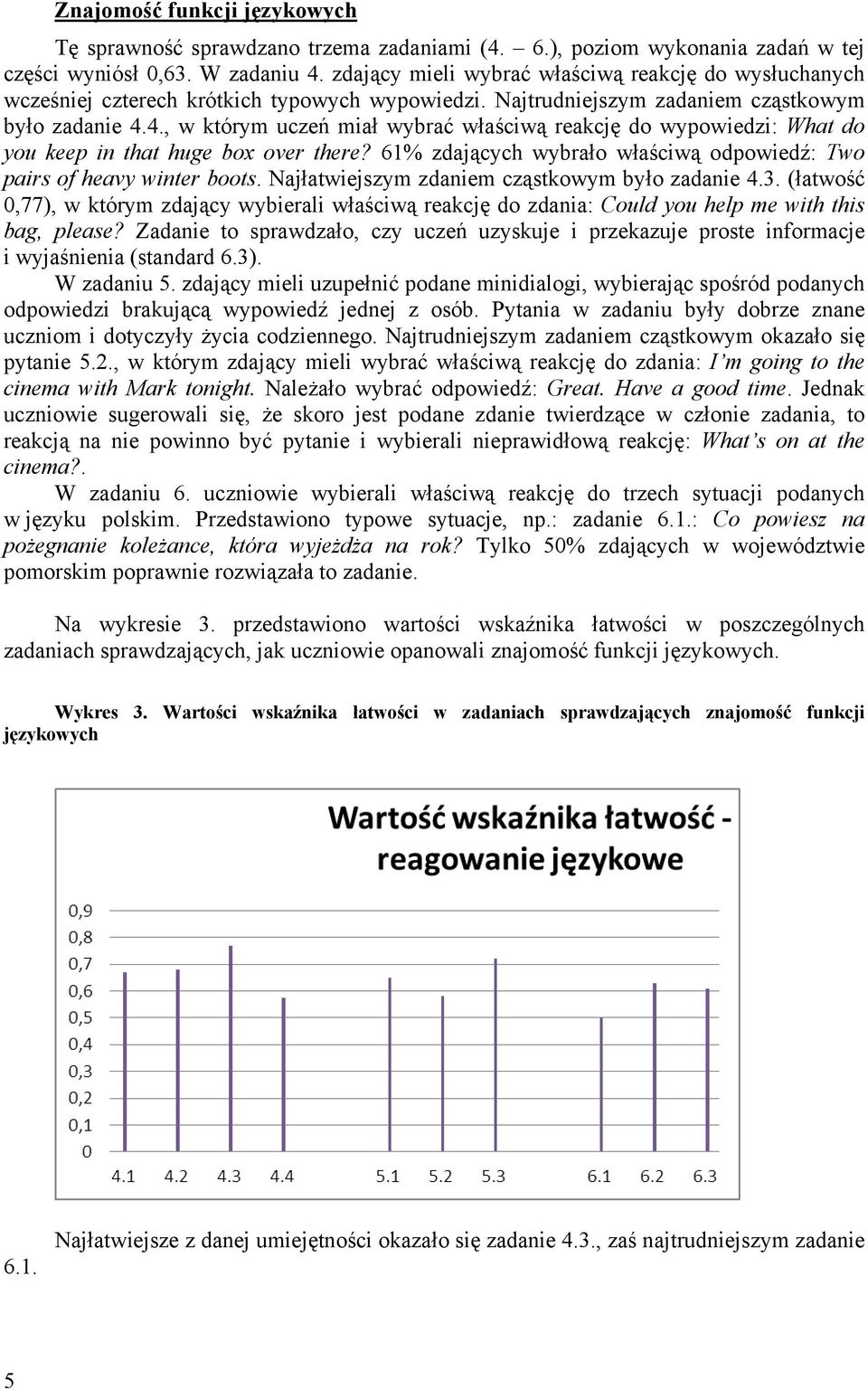 4., w którym uczeń miał wybrać właściwą reakcję do wypowiedzi: What do you keep in that huge box over there? 61% zdających wybrało właściwą odpowiedź: Two pairs of heavy winter boots.