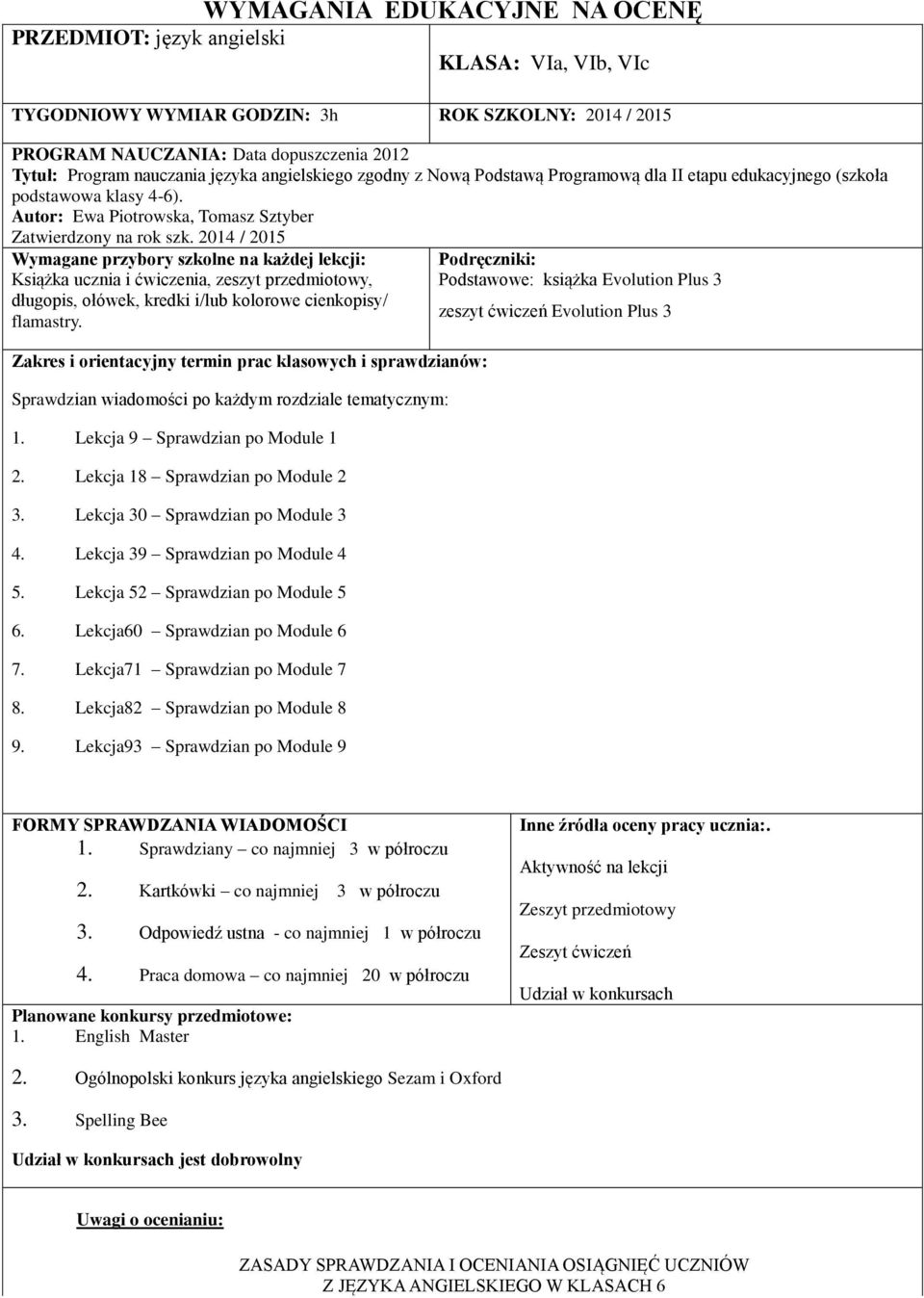 2014 / 2015 Wymagane przybory szkolne na każdej lekcji: Książka ucznia i ćwiczenia, zeszyt przedmiotowy, długopis, ołówek, kredki i/lub kolorowe cienkopisy/ flamastry.