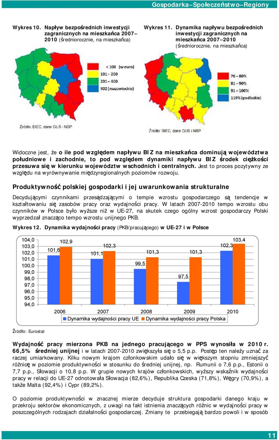 południowe i zachodnie, to pod względem dynamiki napływu BIZ środek ciężkości przesuwa się w kierunku województw wschodnich i centralnych.