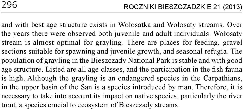 The population of grayling in the Bieszczady National Park is stable and with good age structure. Listed are all age classes, and the participation in the fish fauna is high.