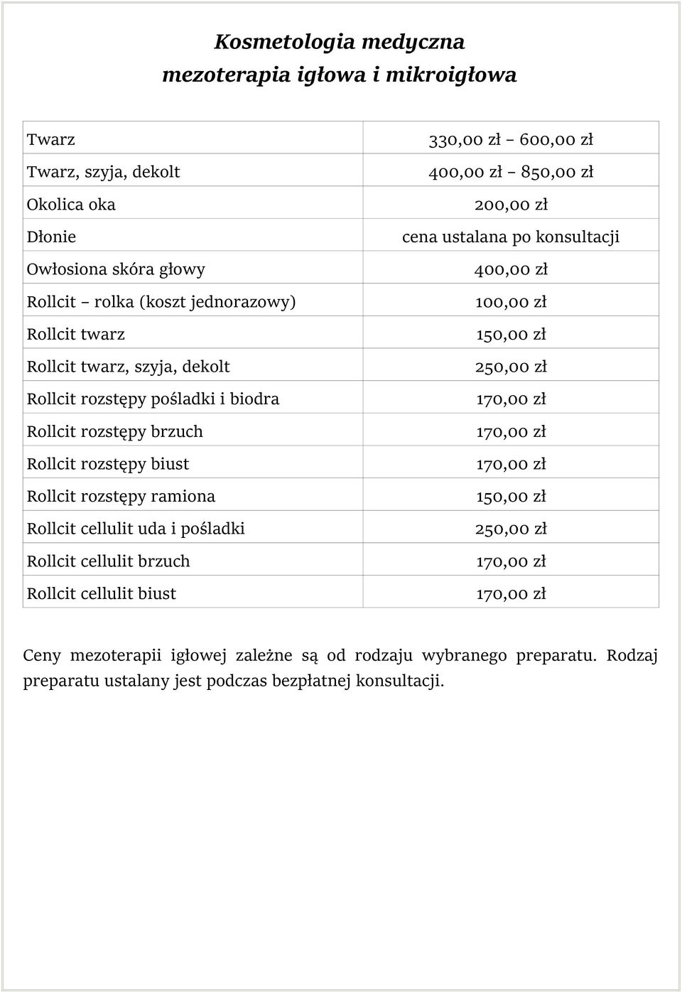 biodra 170,00 zł Rollcit rozstępy brzuch 170,00 zł Rollcit rozstępy biust 170,00 zł Rollcit rozstępy ramiona 150,00 zł Rollcit cellulit uda i pośladki 250,00 zł Rollcit