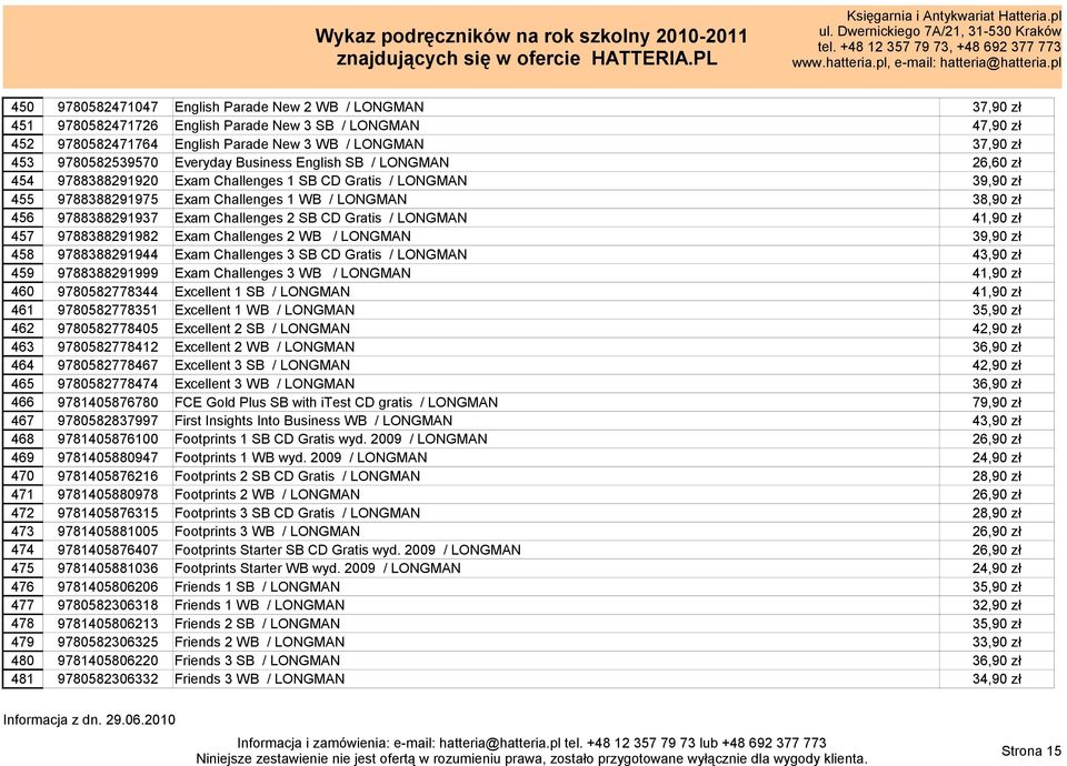 9788388291937 Exam Challenges 2 SB CD Gratis / LONGMAN 41,90 zł 457 9788388291982 Exam Challenges 2 WB / LONGMAN 39,90 zł 458 9788388291944 Exam Challenges 3 SB CD Gratis / LONGMAN 43,90 zł 459