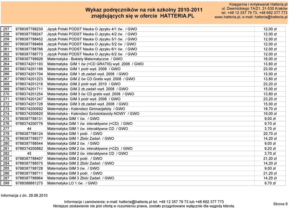 / GWO 12,00 zł 260 9788387788469 Język Polski PODST Nauka O Języku 5/2 ćw / GWO 12,00 zł 261 9788387788766 Język Polski PODST Nauka O Języku 6/1 ćw.