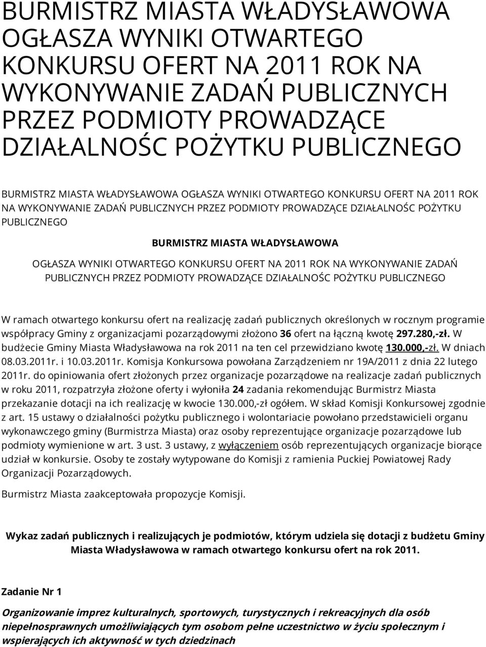 WYNIKI OTWARTEGO KONKURSU OFERT NA 2011 ROK NA WYKONYWANIE ZADAŃ PUBLICZNYCH PRZEZ PODMIOTY PROWADZĄCE DZIAŁALNOŚC POŻYTKU PUBLICZNEGO W ramach otwartego konkursu ofert na realizację zadań