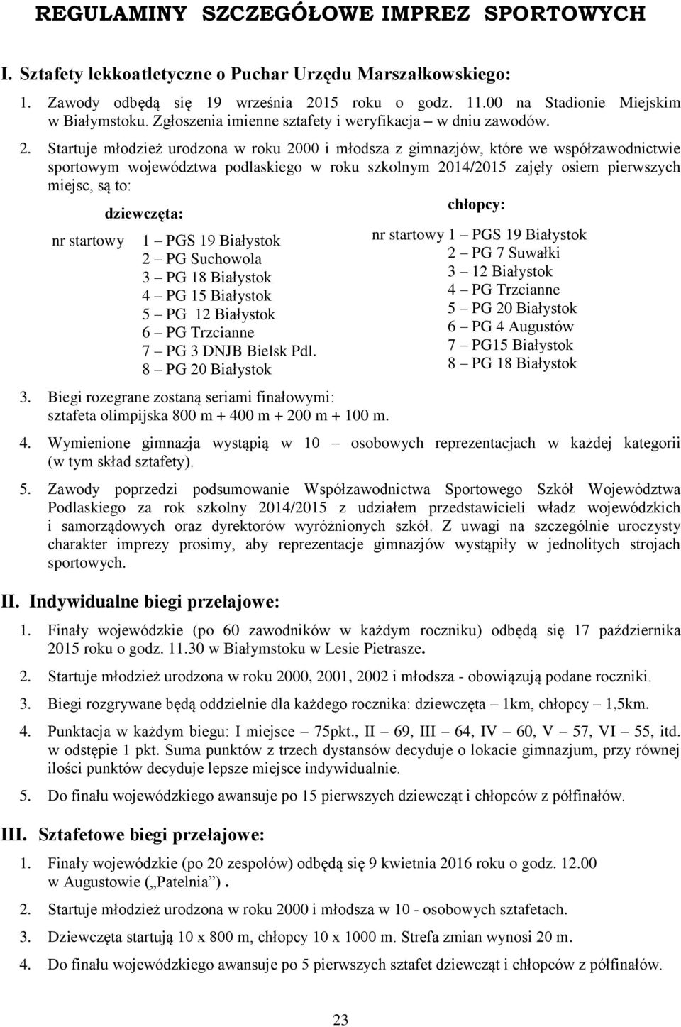 Startuje młodzież urodzona w roku 2000 i młodsza z gimnazjów, które we współzawodnictwie sportowym województwa podlaskiego w roku szkolnym 2014/2015 zajęły osiem pierwszych miejsc, są to: chłopcy: