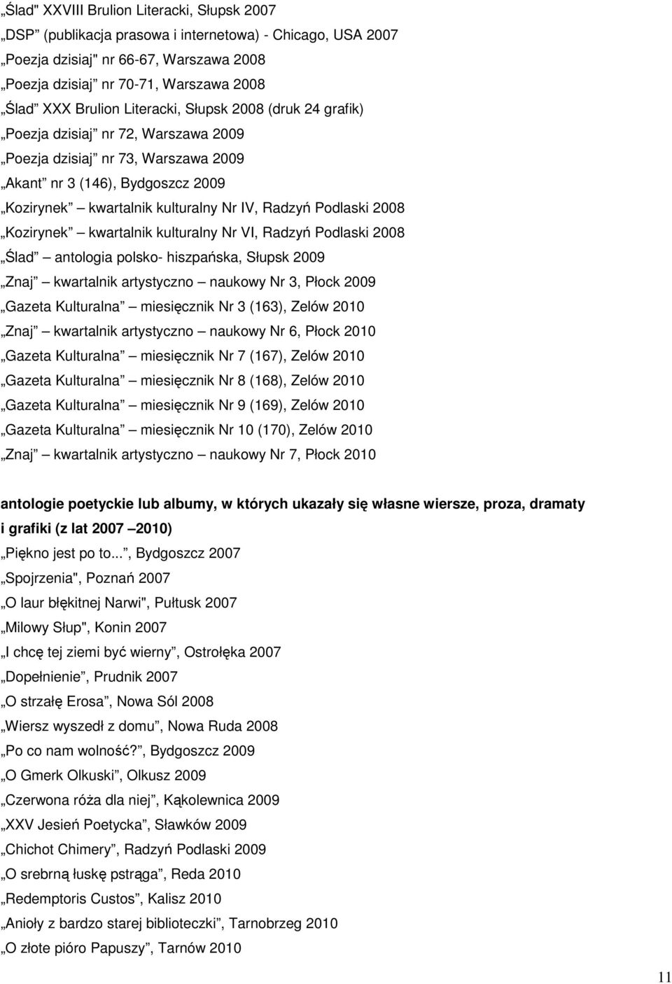 2008 Kozirynek kwartalnik kulturalny Nr VI, Radzyń Podlaski 2008 Ślad antologia polsko- hiszpańska, Słupsk 2009 Znaj kwartalnik artystyczno naukowy Nr 3, Płock 2009 Gazeta Kulturalna miesięcznik Nr 3