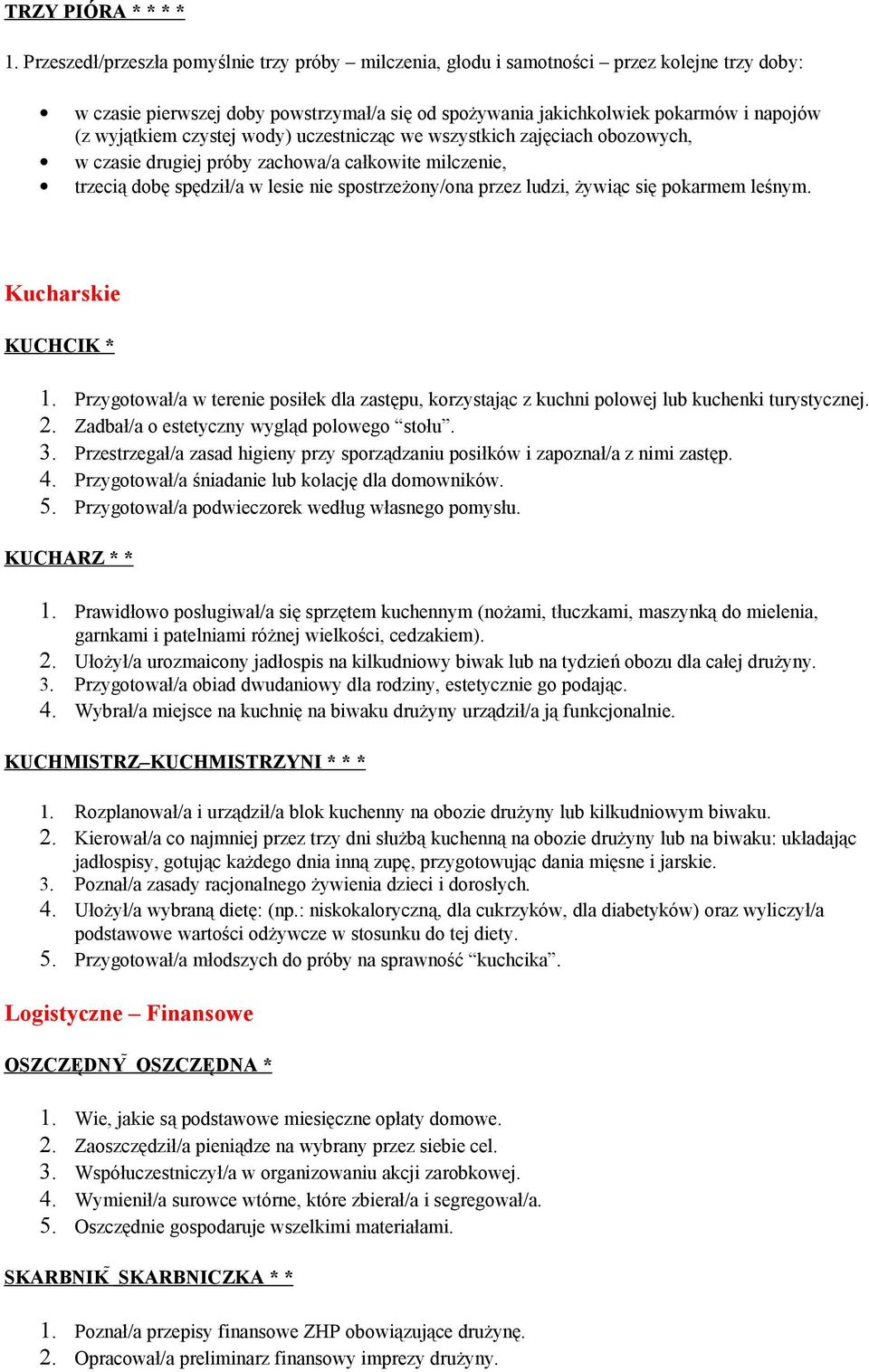 czystej wody) uczestnicząc we wszystkich zajęciach obozowych, w czasie drugiej próby zachowa/a całkowite milczenie, trzecią dobę spędził/a w lesie nie spostrzeżony/ona przez ludzi, żywiąc się