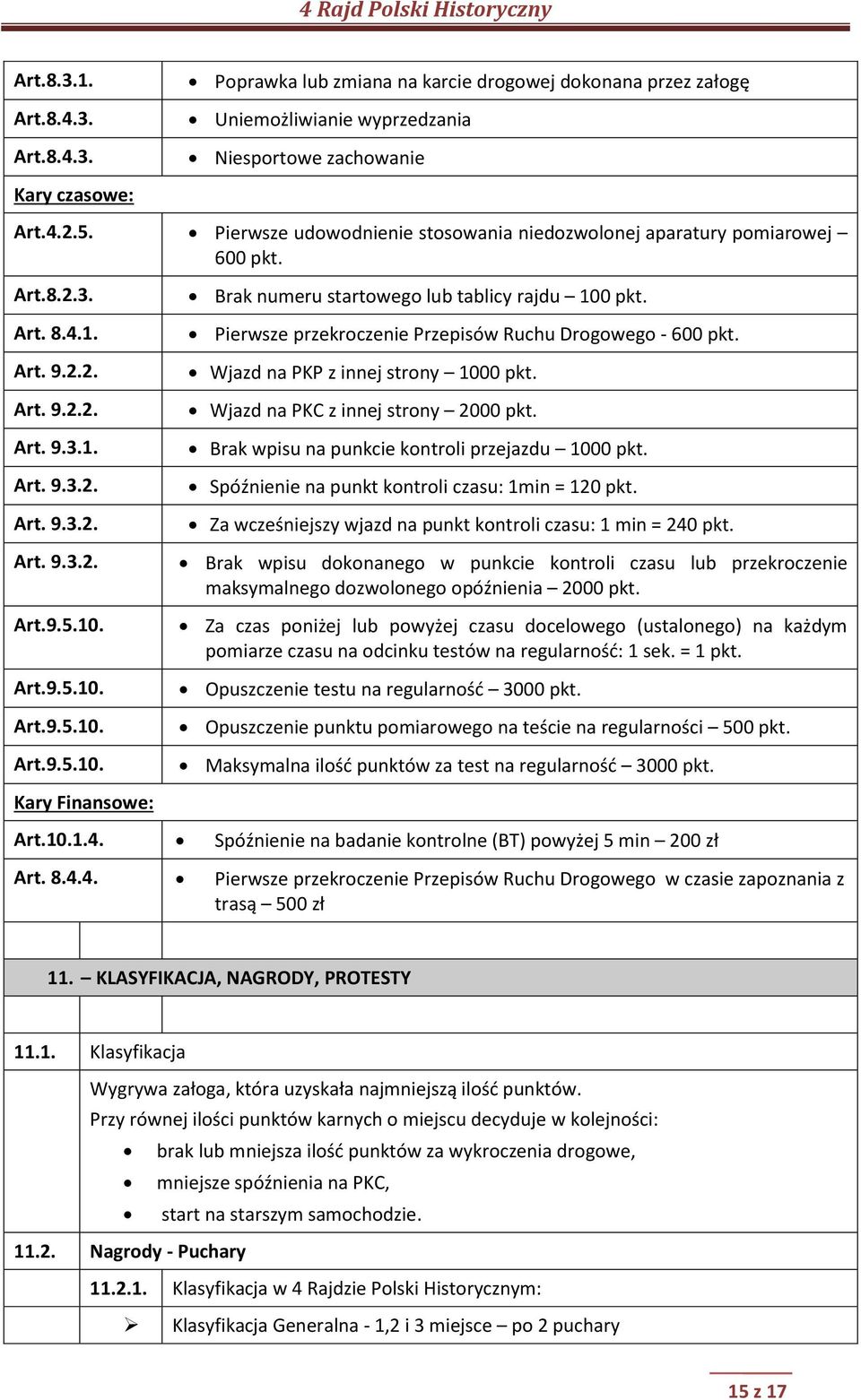 Art.9.5.10. Art.9.5.10. Art.9.5.10. Brak numeru startowego lub tablicy rajdu 100 pkt. Pierwsze przekroczenie Przepisów Ruchu Drogowego - 600 pkt. Wjazd na PKP z innej strony 1000 pkt.