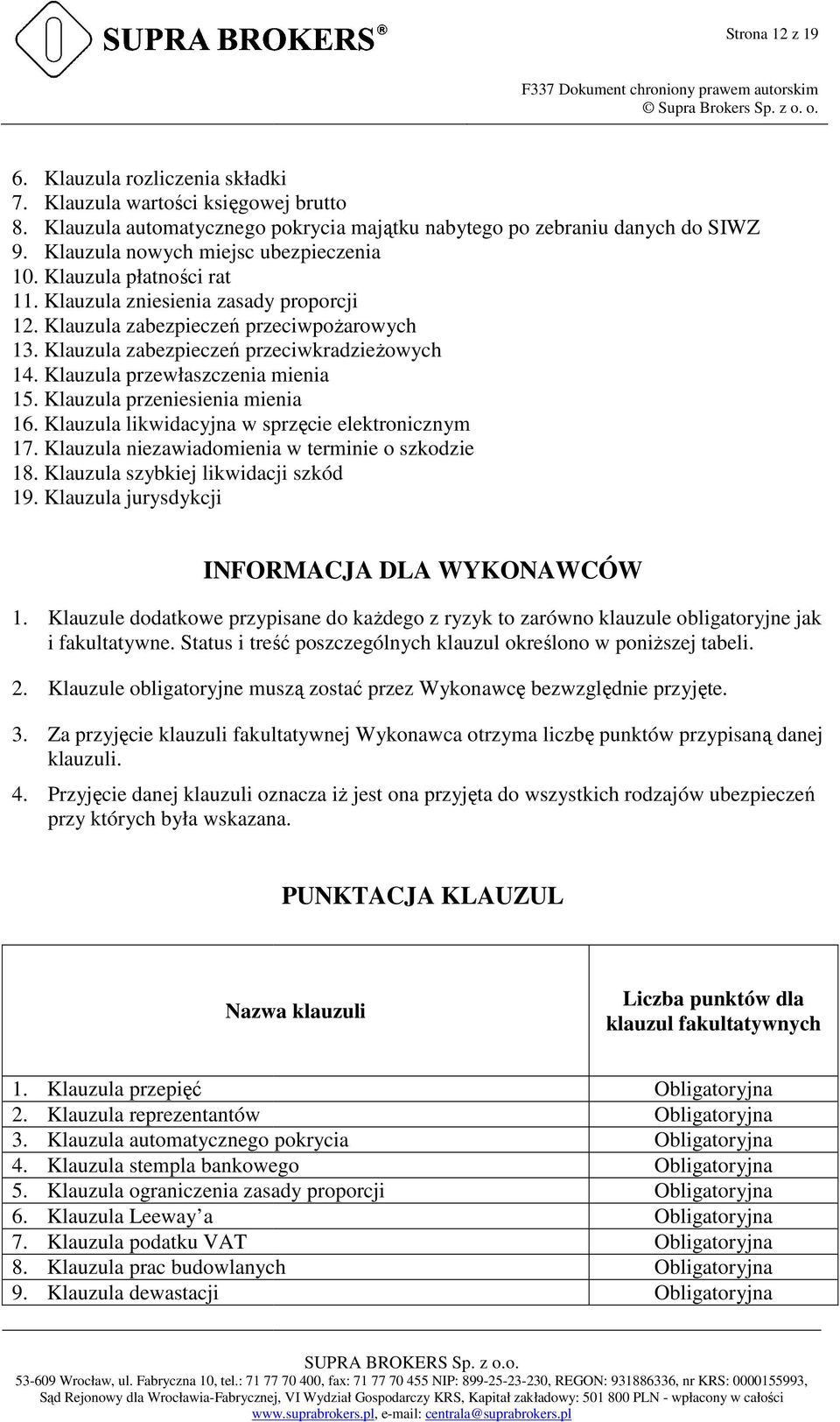 Klauzula przewłaszczenia mienia 15. Klauzula przeniesienia mienia 16. Klauzula likwidacyjna w sprzęcie elektronicznym 17. Klauzula niezawiadomienia w terminie o szkodzie 18.