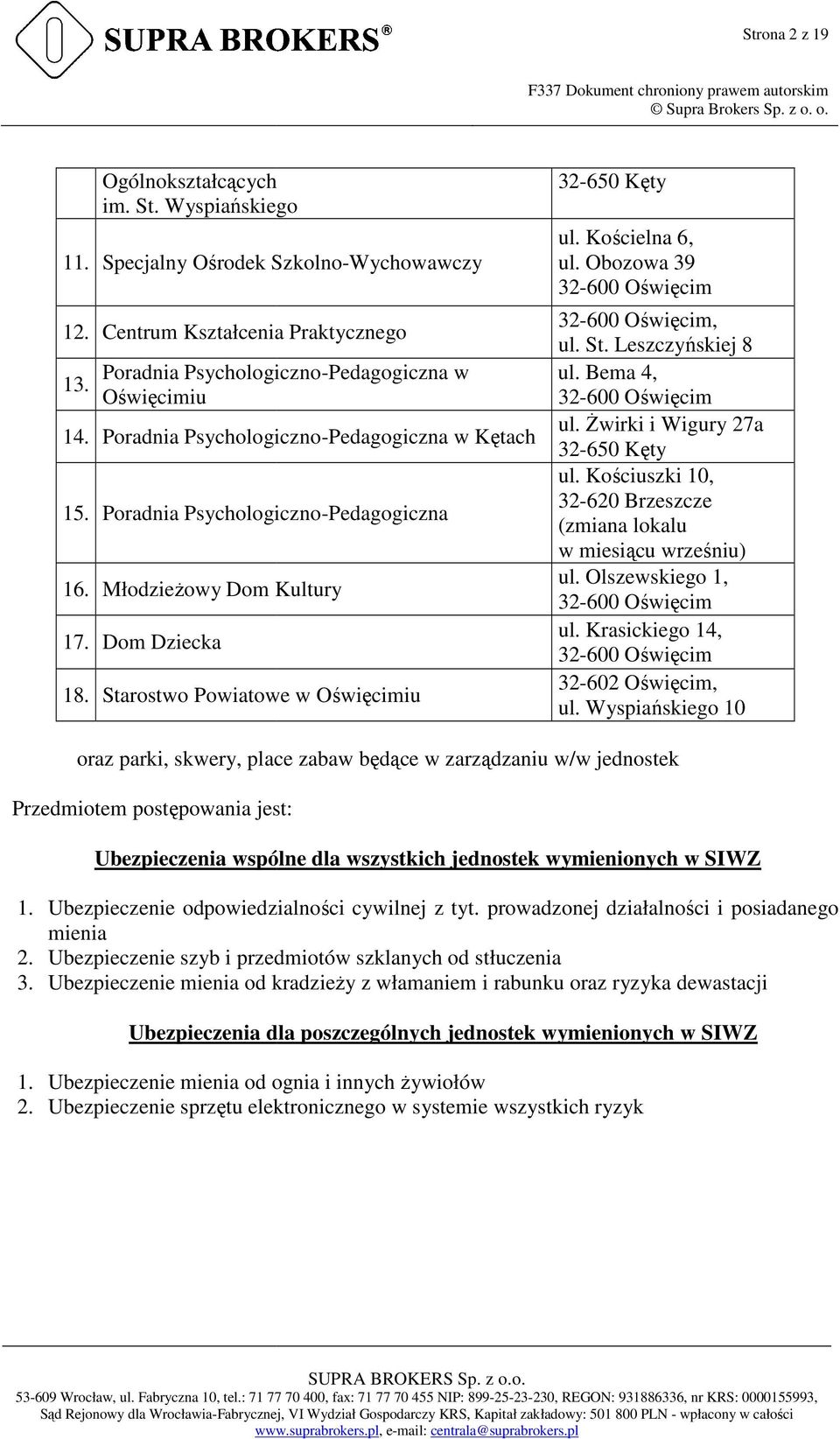 Poradnia Psychologiczno-Pedagogiczna w Kętach 32-650 Kęty ul. Kościuszki 10, 32-620 Brzeszcze 15. Poradnia Psychologiczno-Pedagogiczna (zmiana lokalu w miesiącu wrześniu) ul. Olszewskiego 1, 16.