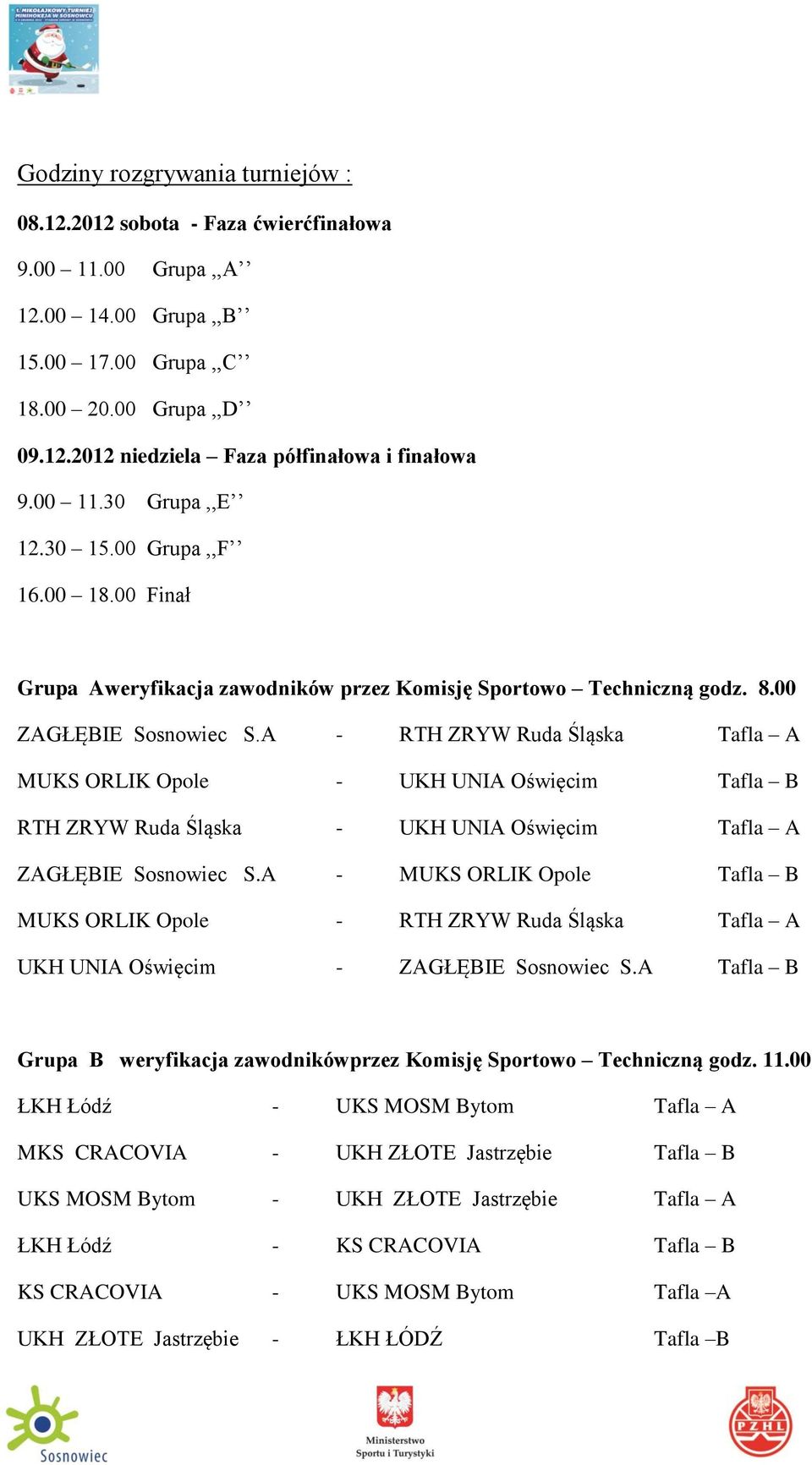 A - RTH ZRYW Ruda Śląska Tafla A MUKS ORLIK Opole - UKH UNIA Oświęcim Tafla B RTH ZRYW Ruda Śląska - UKH UNIA Oświęcim Tafla A ZAGŁĘBIE Sosnowiec S.