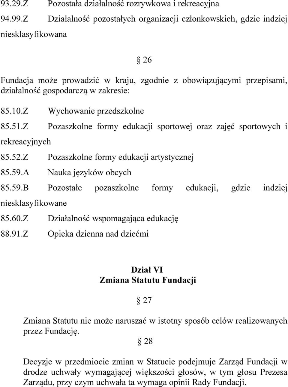 Z 85.51.Z rekreacyjnych 85.52.Z 85.59.A Wychowanie przedszkolne Pozaszkolne formy edukacji sportowej oraz zajęć sportowych i Pozaszkolne formy edukacji artystycznej Nauka języków obcych 85.59.B Pozostałe pozaszkolne formy edukacji, gdzie indziej niesklasyfikowane 85.