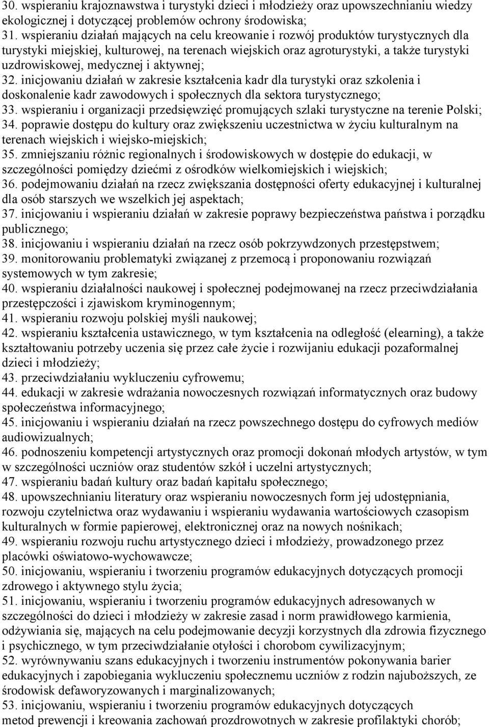 medycznej i aktywnej; 32. inicjowaniu działań w zakresie kształcenia kadr dla turystyki oraz szkolenia i doskonalenie kadr zawodowych i społecznych dla sektora turystycznego; 33.