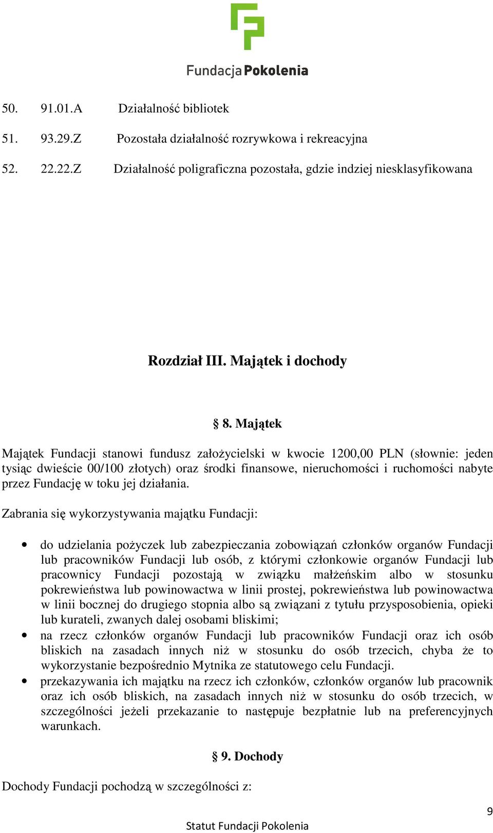 Majątek Majątek Fundacji stanowi fundusz założycielski w kwocie 1200,00 PLN (słownie: jeden tysiąc dwieście 00/100 złotych) oraz środki finansowe, nieruchomości i ruchomości nabyte przez Fundację w