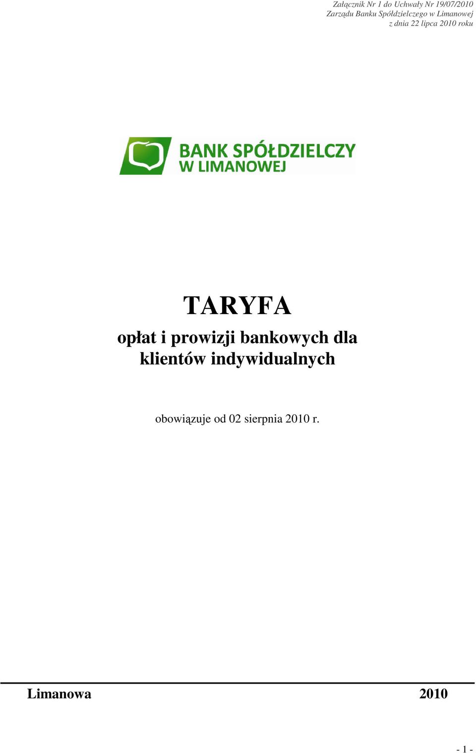 TARYFA opłat i prowizji bankowych dla klientów