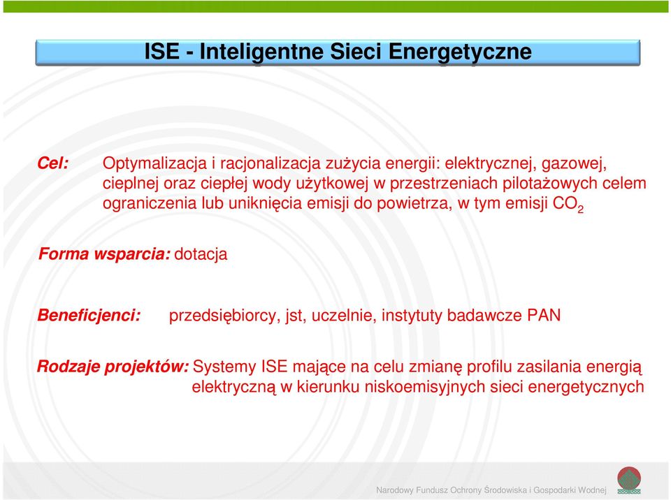 powietrza, w tym emisji CO 2 Forma wsparcia: dotacja Beneficjenci: przedsiębiorcy, jst, uczelnie, instytuty badawcze PAN