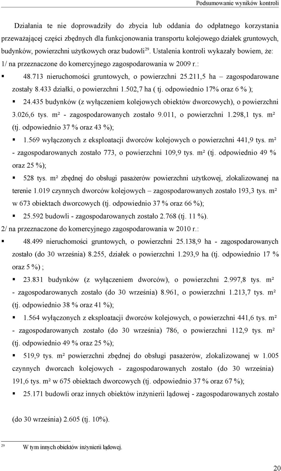 211,5 ha zagospodarowane zostały 8.433 działki, o powierzchni 1.502,7 ha ( tj. odpowiednio 17% oraz 6 % ); 24.435 budynków (z wyłączeniem kolejowych obiektów dworcowych), o powierzchni 3.026,6 tys.