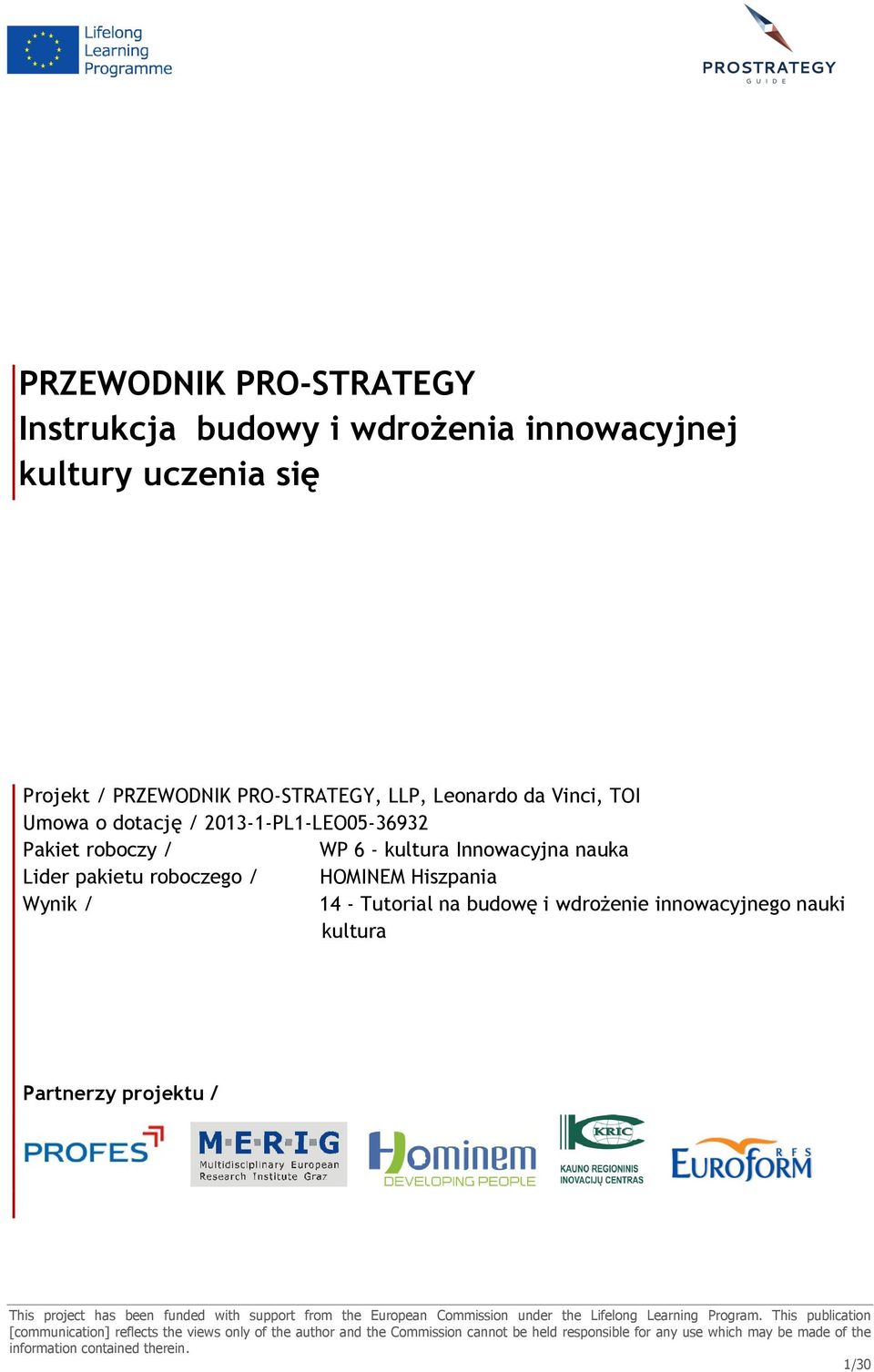 Pakiet roboczy / WP 6 - kultura Innowacyjna nauka Lider pakietu roboczego / HOMINEM Hiszpania