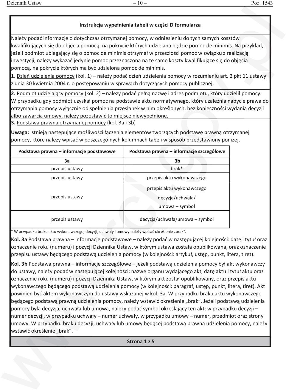 albo zawarcia umowy, należy pozostawić to miejsce wypełnione. 3. Podstawa prawna otrzymanej pomocy (kol.