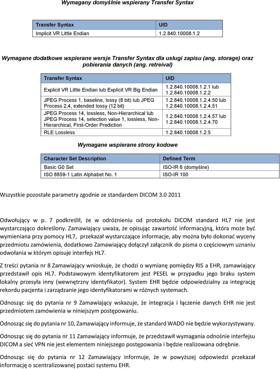 retreival) Transfer Syntax UID Explicit VR Little Endian lub Explicit VR Big Endian JPEG Process 1, baseline, lossy (8 bit) lub JPEG Process 2,4, extended lossy (12 bit) JPEG Process 14, lossless,