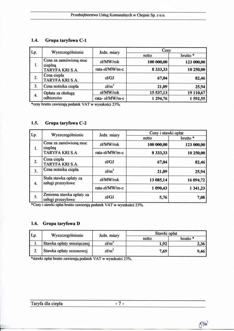 Grup a taryfowa C-2 4. Cena za zamowiona^ moc cieplna^ TARYFA KRI S.A Cena ciepla Cena nosnika ciepla Stala stawka oplaty za uslugi przesylowe zl/m3 Zmienna stawka oplaty za 5.