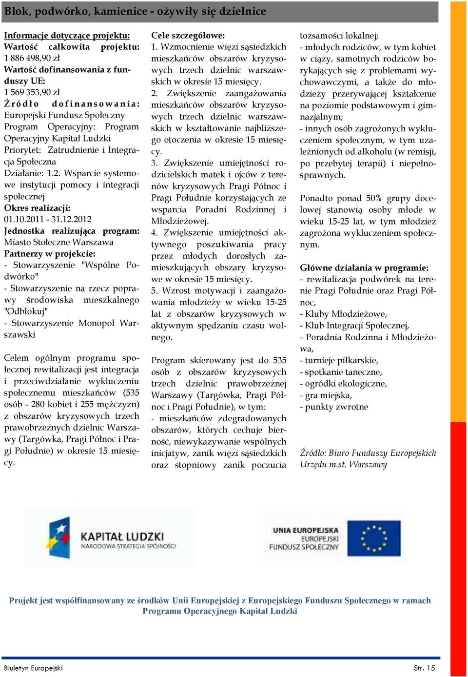 Wsparcie systemowe instytucji pomocy i integracji społecznej Okres realizacji: 01.10.2011-31.12.
