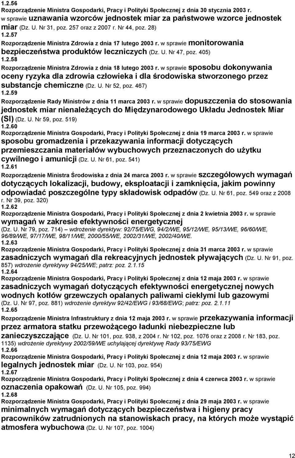 w sprawie sposobu dokonywania oceny ryzyka dla zdrowia człowieka i dla środowiska stworzonego przez substancje chemiczne (Dz. U. Nr 52, poz. 467) 1.2.59 Rozporządzenie Rady Ministrów z dnia 11 marca 2003 r.