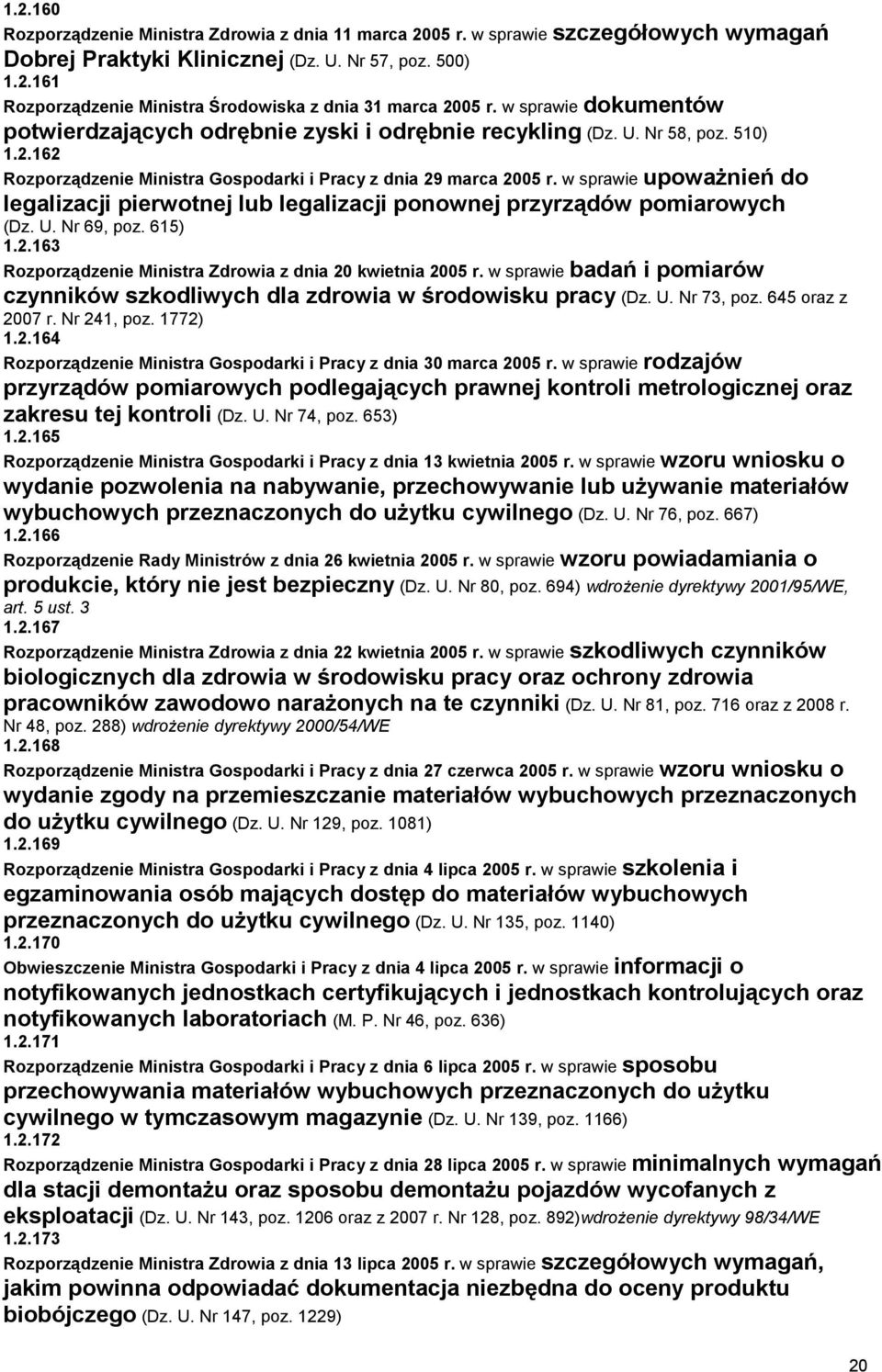 w sprawie upoważnień do legalizacji pierwotnej lub legalizacji ponownej przyrządów pomiarowych (Dz. U. Nr 69, poz. 615) 1.2.163 Rozporządzenie Ministra Zdrowia z dnia 20 kwietnia 2005 r.