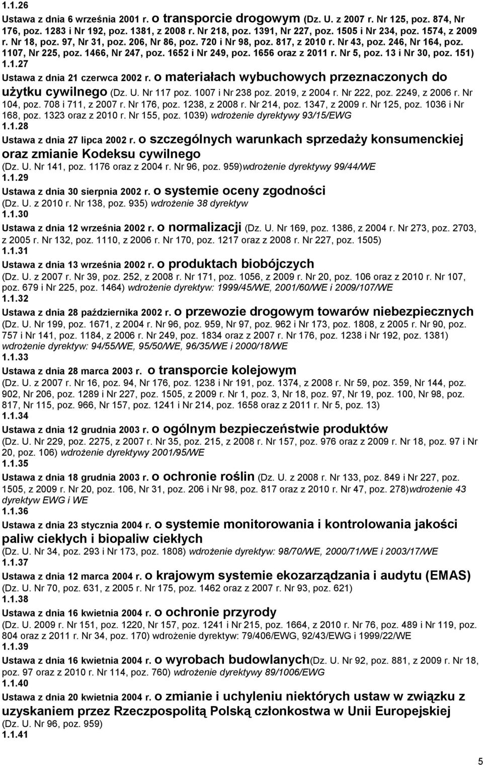 1656 oraz z 2011 r. Nr 5, poz. 13 i Nr 30, poz. 151) 1.1.27 Ustawa z dnia 21 czerwca 2002 r. o materiałach wybuchowych przeznaczonych do użytku cywilnego (Dz. U. Nr 117 poz. 1007 i Nr 238 poz.