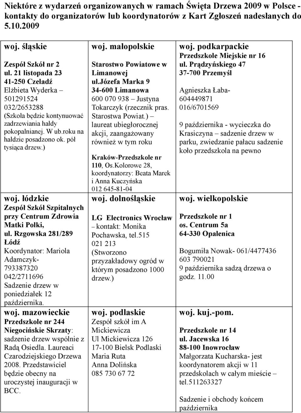 łódzkie Zespół Szkół Szpitalnych przy Centrum Zdrowia Matki Polki, ul. Rzgowska 281/289 Łódź Koordynator: Mariola Adamczyk- 793387320 042/2711696 Sadzenie drzew w poniedziałek 12 października. woj.