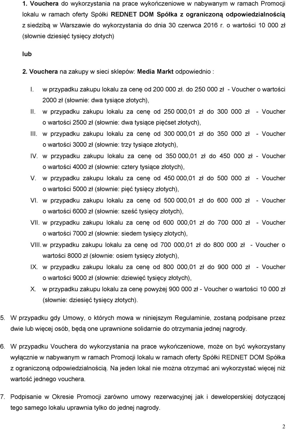 w przypadku zakupu lokalu za cenę od 200 000 zł. do 250 000 zł - Voucher o wartości 2000 zł (słownie: dwa tysiące złotych), II.