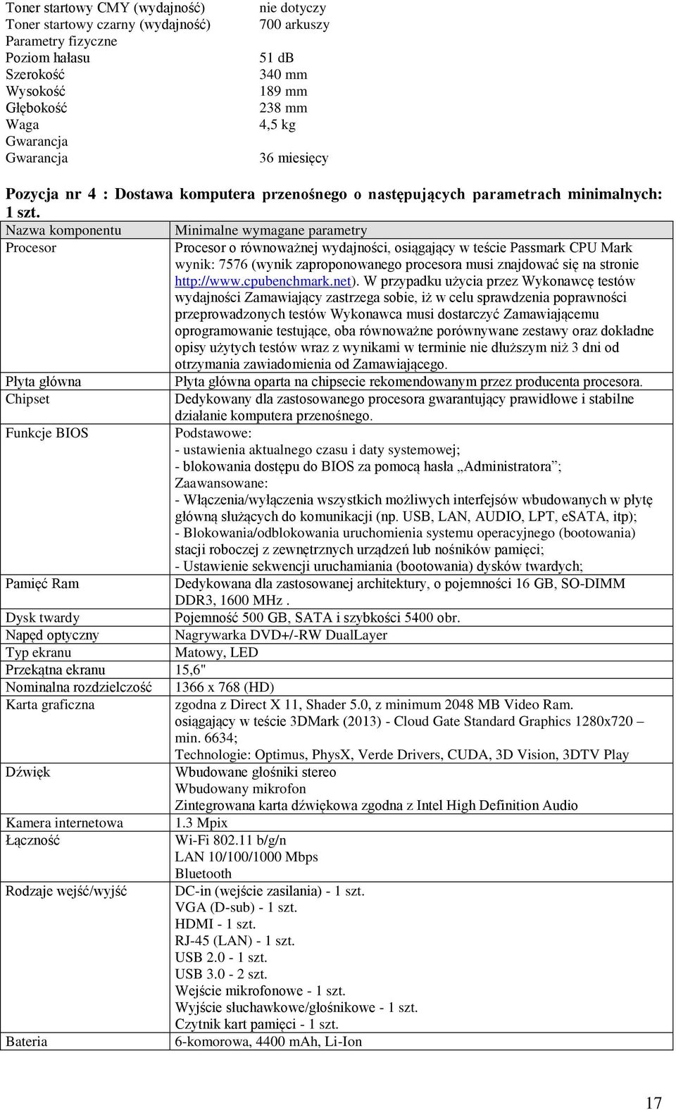 Nazwa komponentu Minimalne wymagane parametry Procesor Procesor o równoważnej wydajności, osiągający w teście Passmark CPU Mark wynik: 7576 (wynik zaproponowanego procesora musi znajdować się na