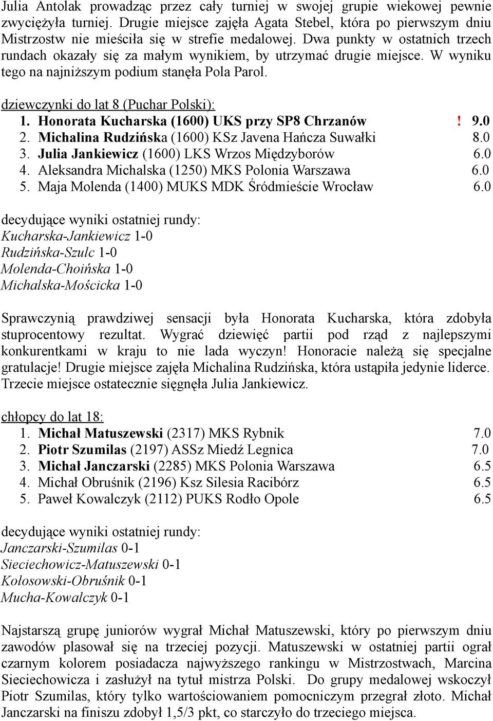 Dwa punkty w ostatnich trzech rundach okazały się za małym wynikiem, by utrzymać drugie miejsce. W wyniku tego na najniższym podium stanęła Pola Parol. dziewczynki do lat 8 (Puchar Polski): 1.