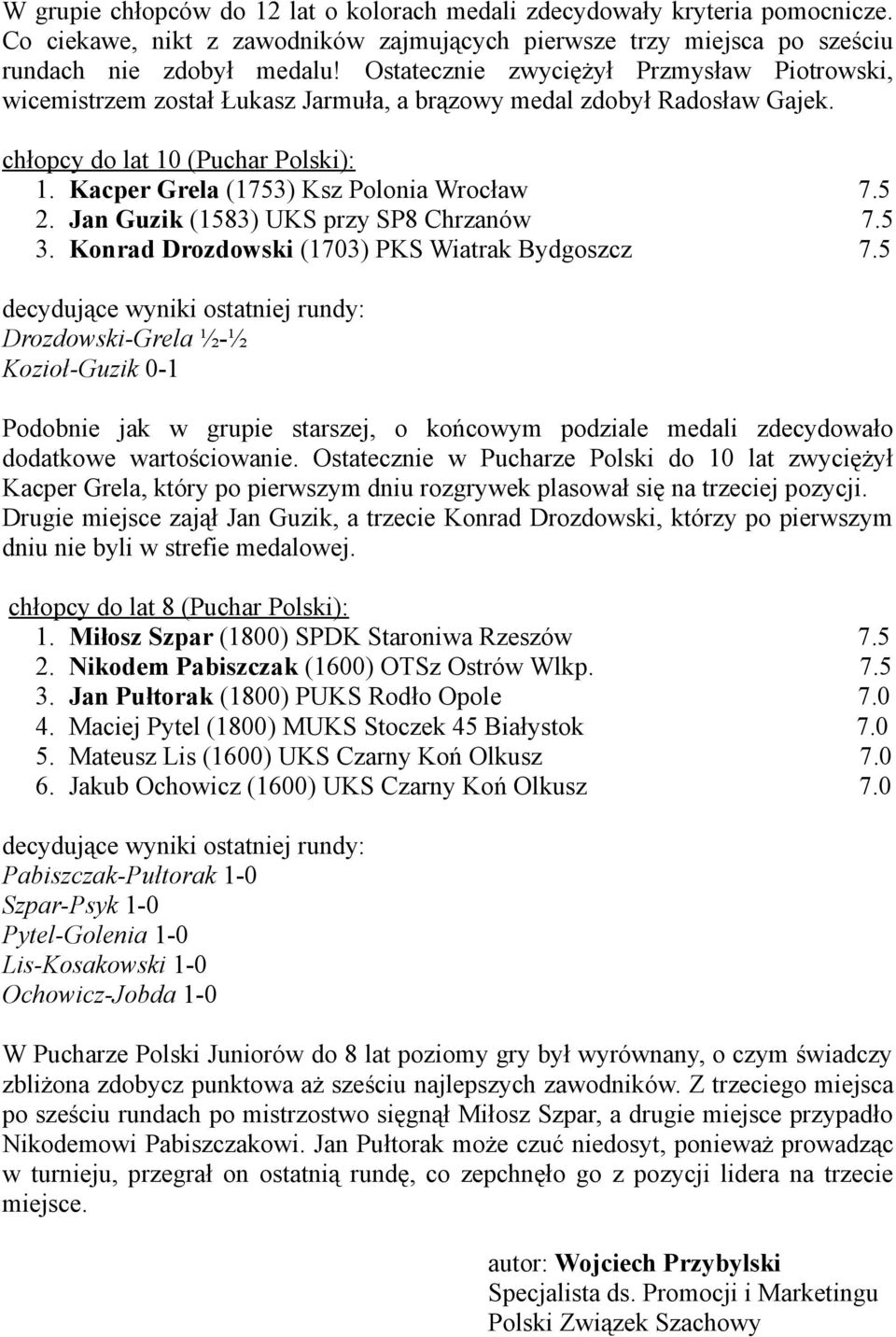 5 2. Jan Guzik (1583) UKS przy SP8 Chrzanów 7.5 3. Konrad Drozdowski (1703) PKS Wiatrak Bydgoszcz 7.